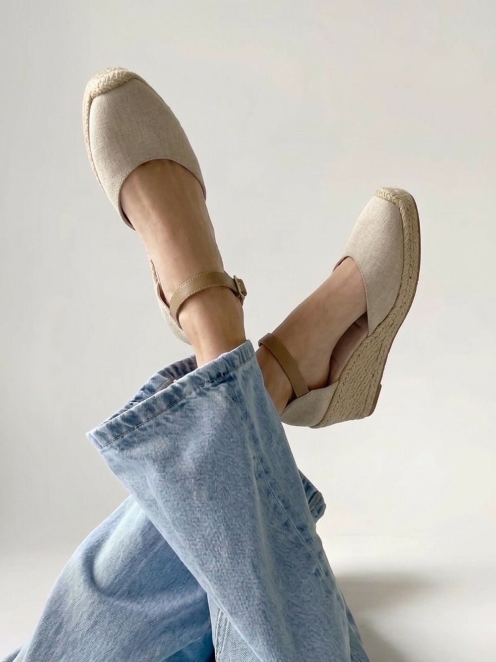 White Mountain Beige Canvas Ankle-Strap Wedge Espadrilles